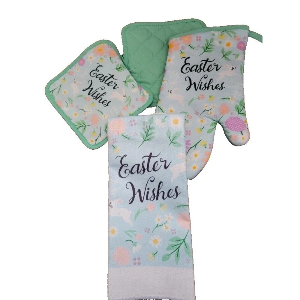 4-piece Kitchen Towel Set/Oven Mitt, 2 Potholders & Towel Easter Wishes